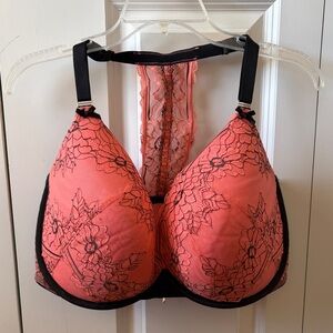 Cacique Boost Plunge Lace-Trim Coral & Black T-Shirt Bra Size 40H